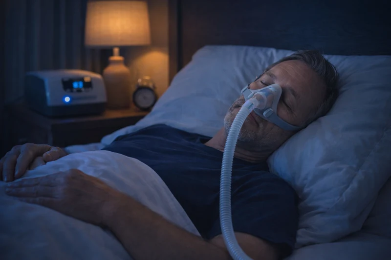 Pacient dormind cu masca CPAP pentru apnee de somn