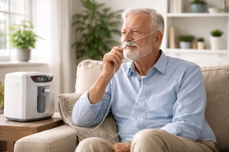 Pacient folosind oxigen acasa in timpul activitatilor
